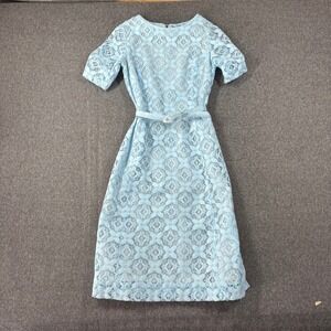 Nelly Don Vintage Blue Floral Lace Midi Wiggle Dress Belted Pastel XS